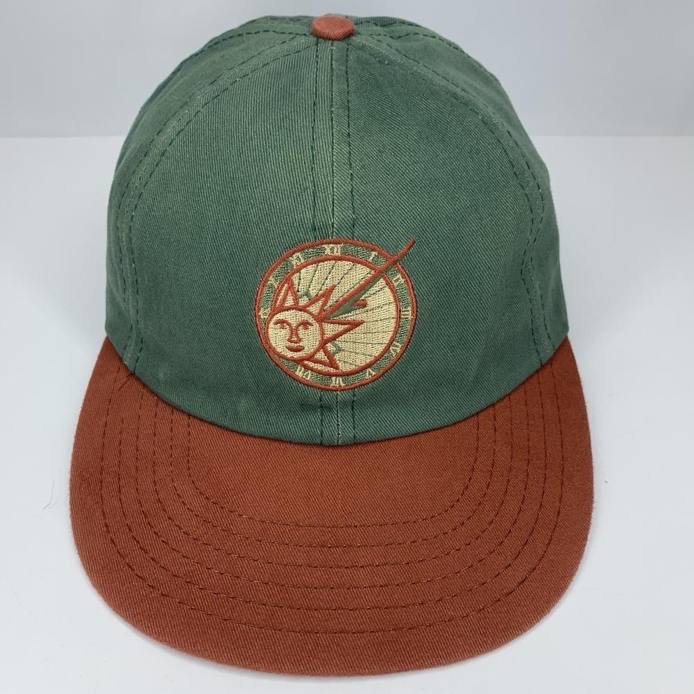 VTG Embroidered Sun Dial Two Tone Hat Made in USA Green Red 90s Paramount Cap